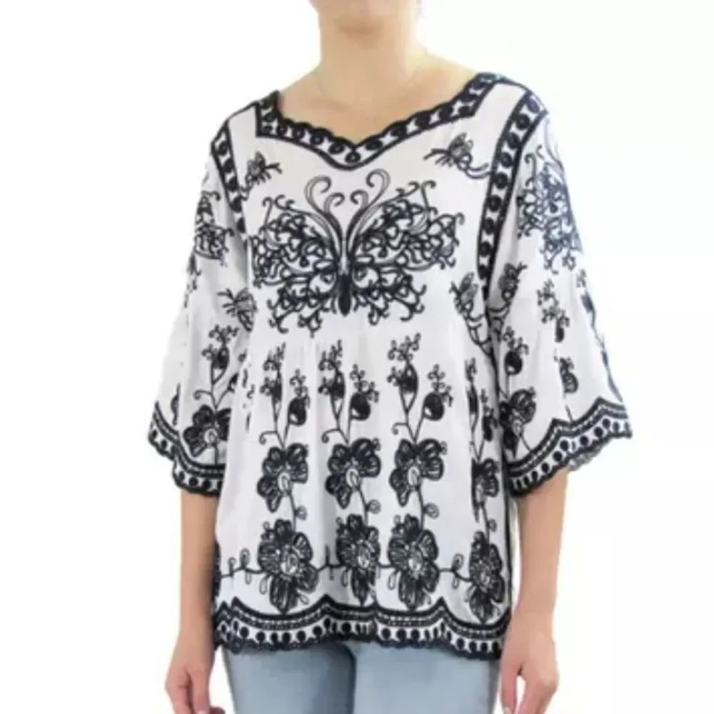 🔺️Indigo Poppy White & Black Embroidered Top XLarge